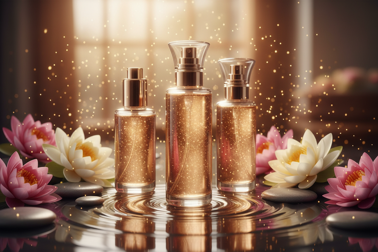 Shimmer bottles with lotus flowers hero