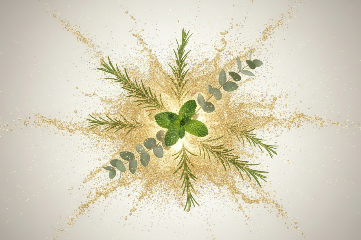 Vibrant glittery liquid splash with herbs